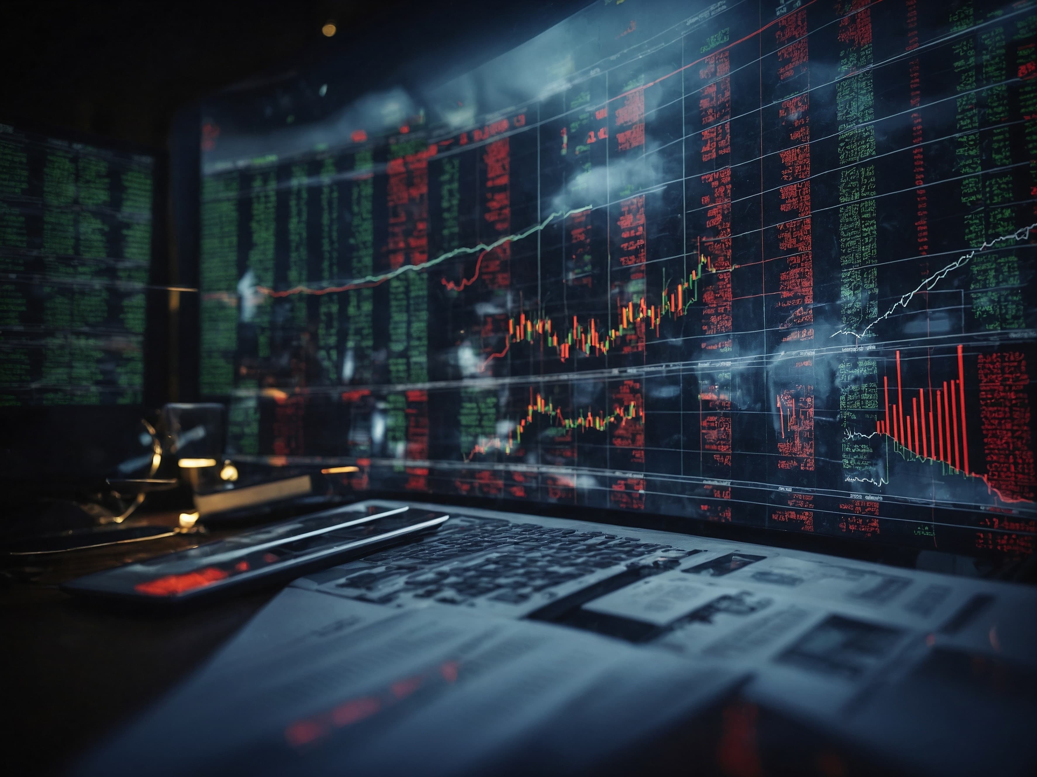 Trading screens in the dark, charts running red.